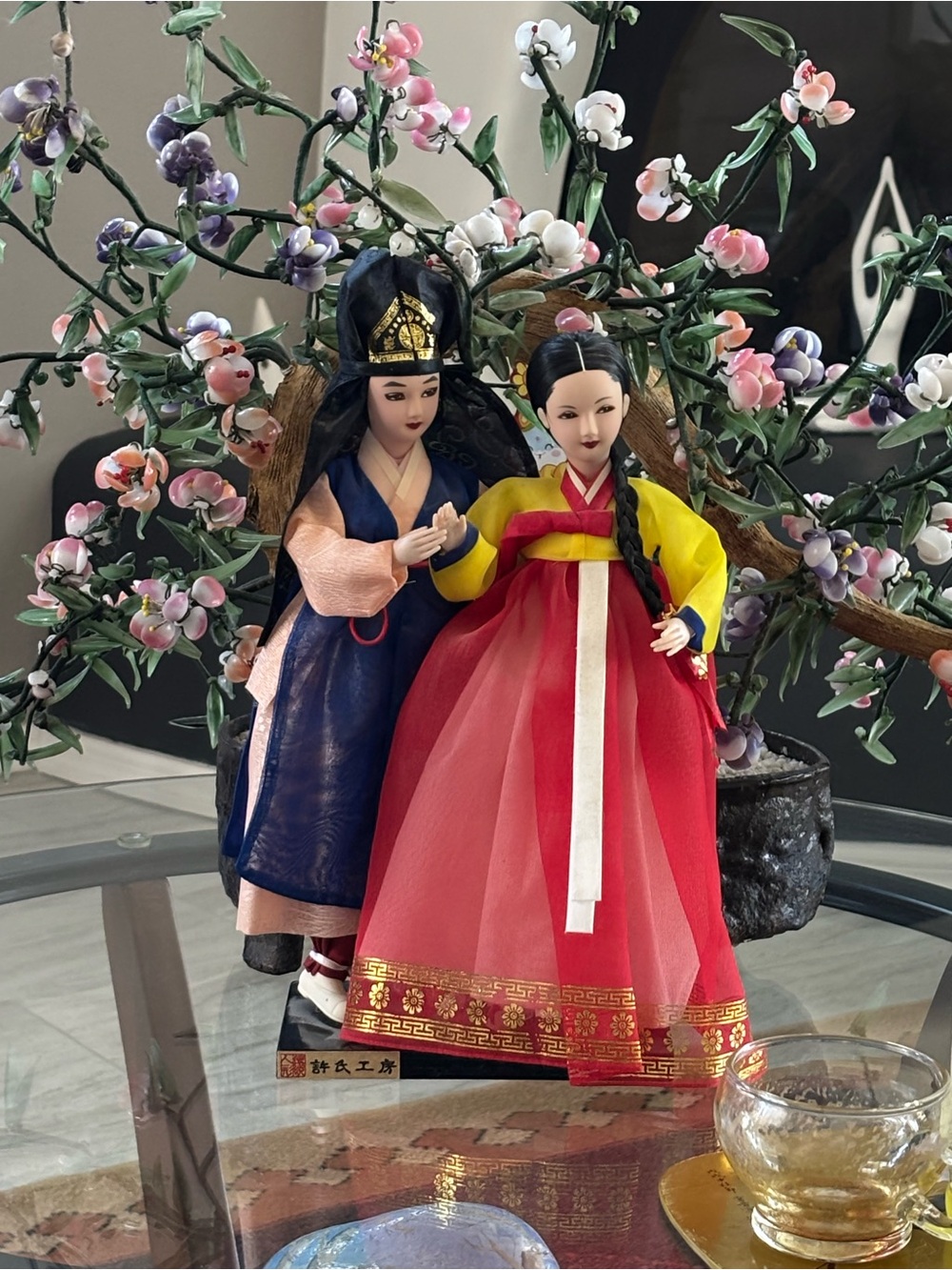 Hand Crafted Korean Hanbok Doll Pair in Red, Yellow & Blue